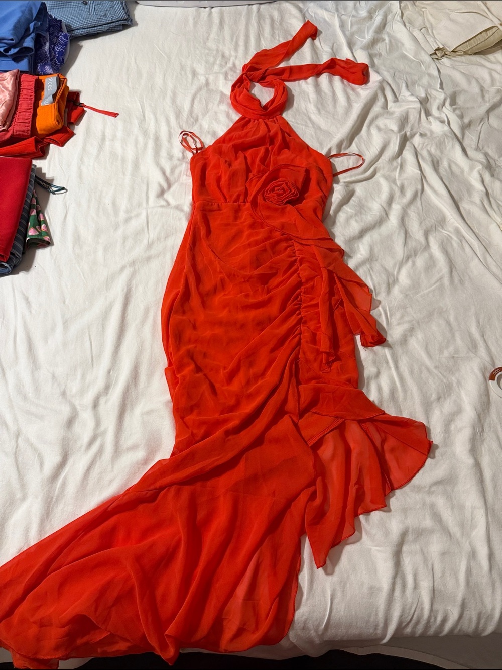 VINTAGE Red Backless Halter Maxi Dress with Rosette